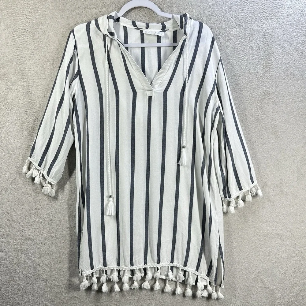 Sigrid Olsen Hooded Beach Cover Up Sz S White Blue‎ Stripes Tassels Swim pool
